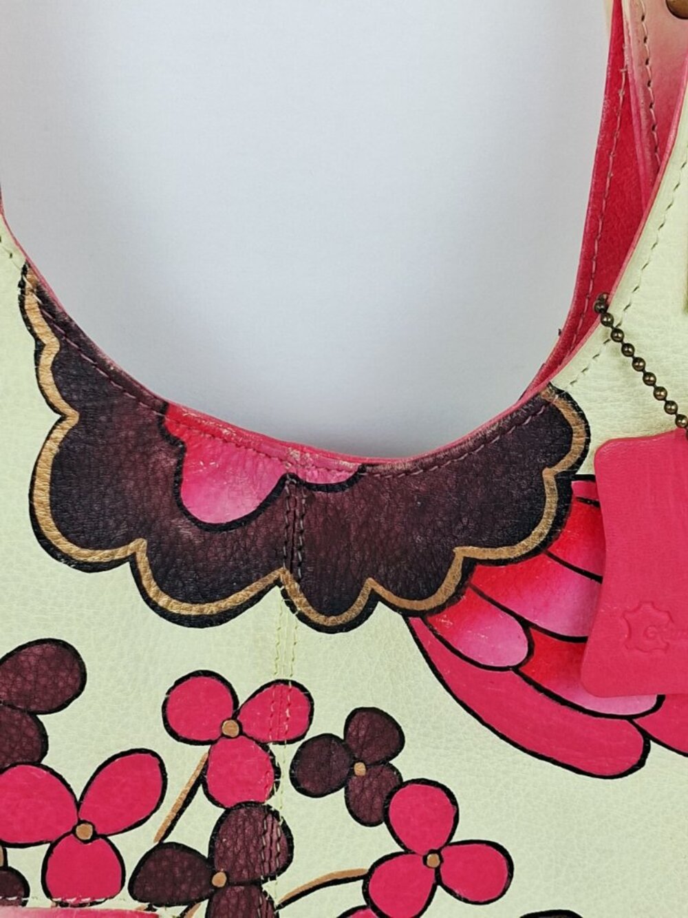 Retro 60s 70s Red Cream Floral Genuine Soft Leather Shoulder Bag Double Handle - Picture 15 of 16